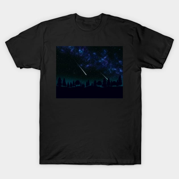 Milky Way, forest and meteor shower T-Shirt by MariaBg